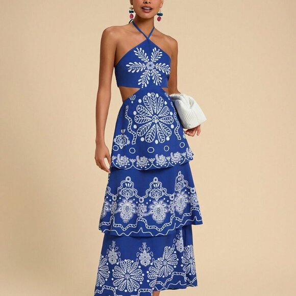 Blue Boho Women's Vacation Chiffon Floral Print Backless Halter Dress - Picture 4 of 6